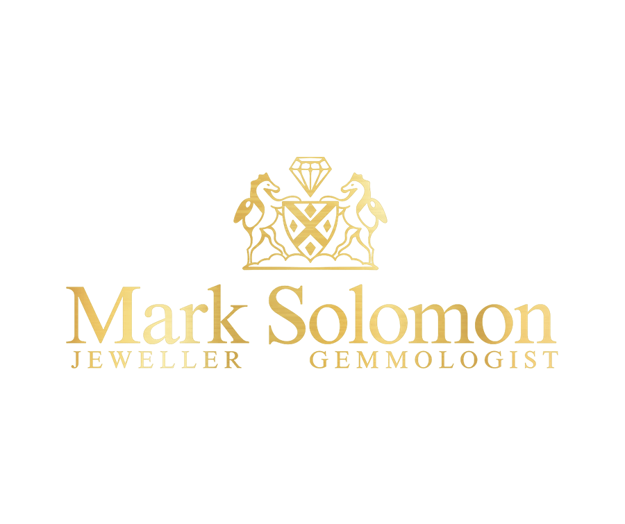 Mark Solomon Jeweller Gemmologist official gold crest logo featuring heraldic rampant horses and a brilliant diamond shield in Cape Town.