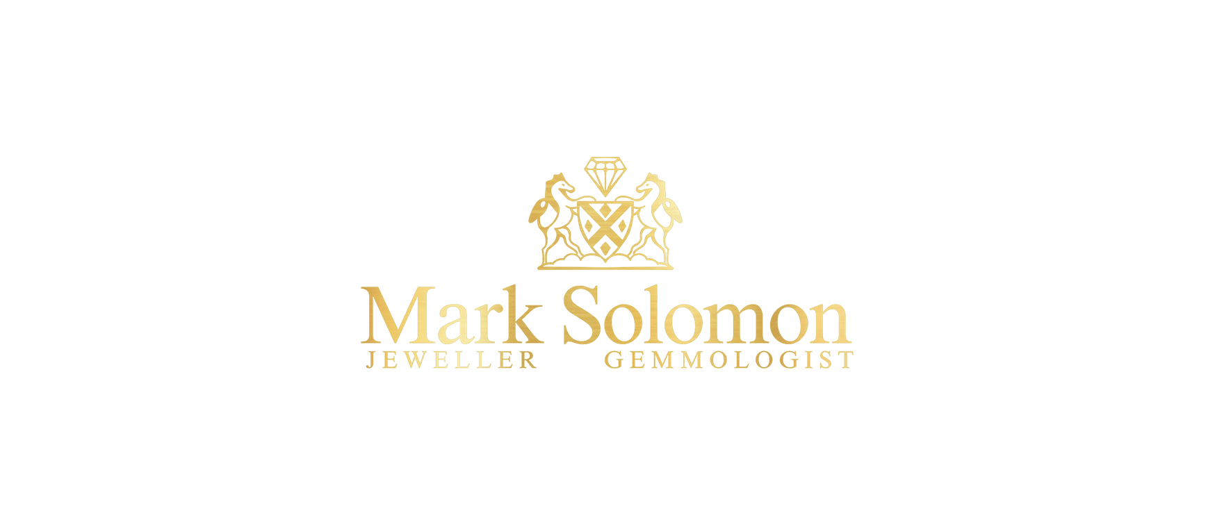 Mark Solomon Jeweller Gemmologist Official Gold Crest Logo Featuring Heraldic Rampant Horses and a Brilliant Diamond Shield in Cape Town.
