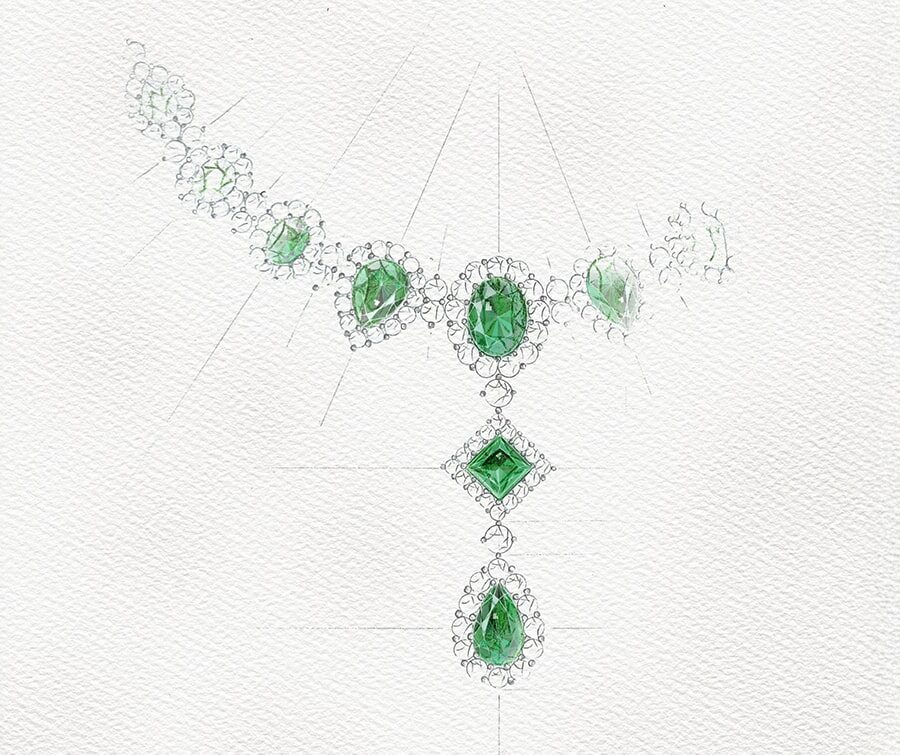 Hand-drawn jewellery design sketch of an emerald and diamond necklace, illustrating the artistry of re-modelling vs making new jewellery.