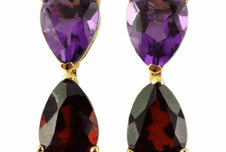 Amethyst and Garnet Drop Earrings, Multi-stone Yellow Gold Dangle Jewelry, Purple and Red Gemstones