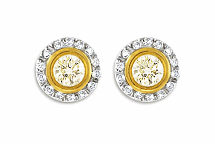 Yellow Diamond Halo Stud Earrings Two-tone Gold - Bezel Set