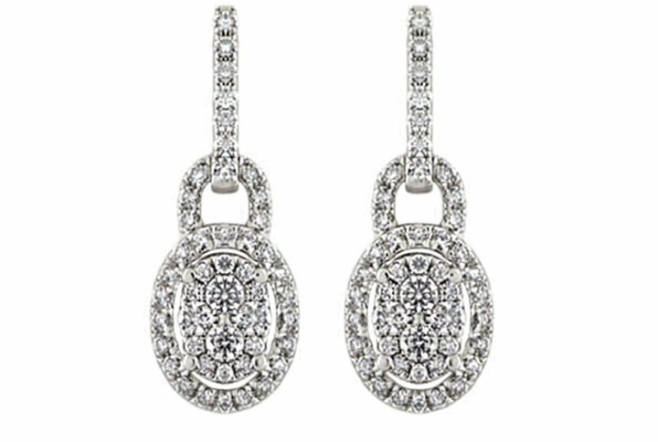 Oval Diamond Cluster Drop Earrings Pave Link White Gold