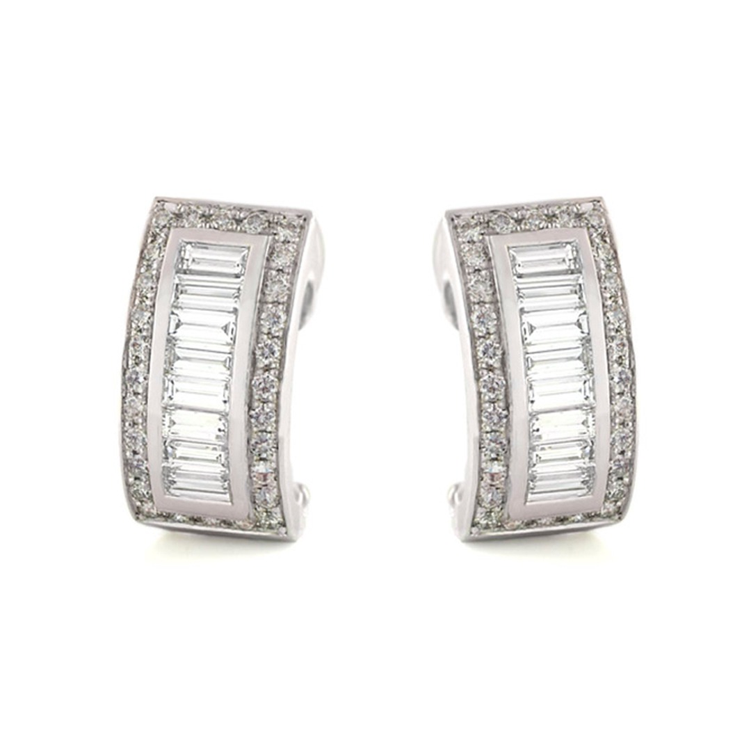 Art Deco Baguette and Pave Diamond Hoop Earrings in White Gold