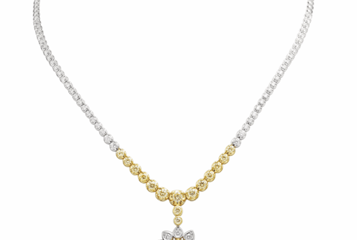 Two-tone White and Yellow Gold Diamond Necklace with a Central Diamond Floral Drop