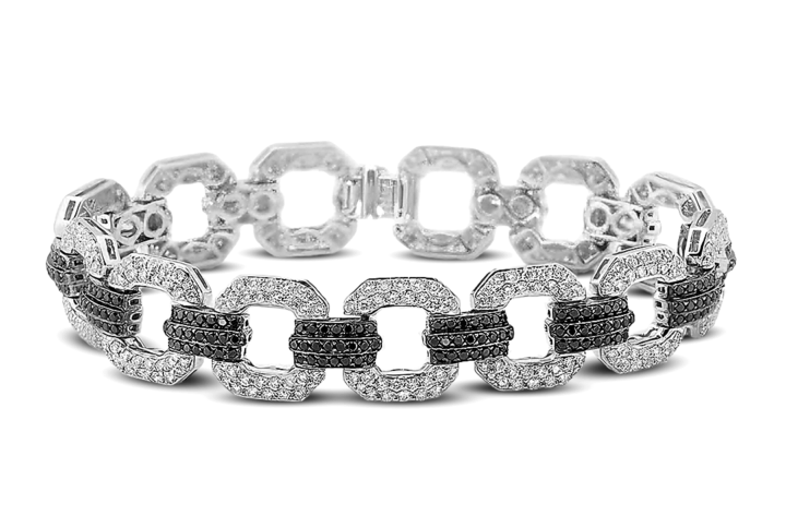White Gold Geometric Link Bracelet with Pave White and Black Diamonds
