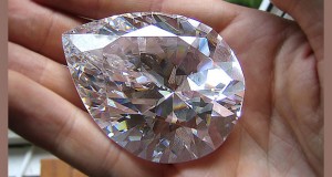 Close-up of a Pear-shaped, Faceted Diamond Held Between Two Hands.