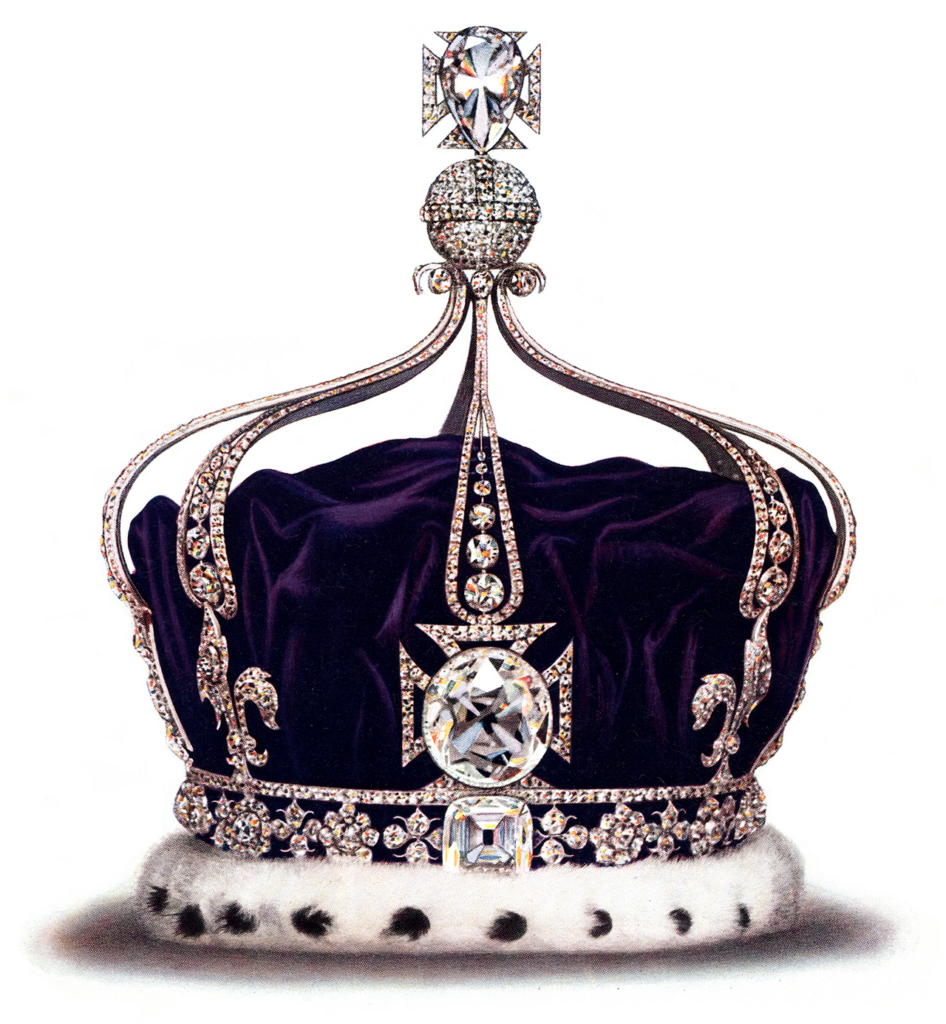 Ornate Diamond-studded Royal Crown on a Dark Velvet Cap with Fur Trim.