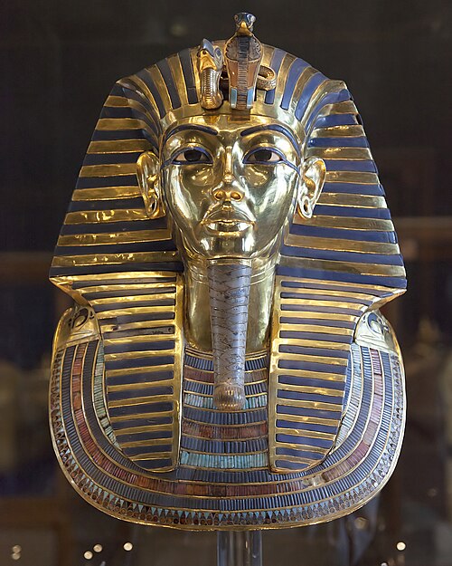 Golden Egyptian Pharaoh Mask of Tutankhamun with Nemes Headdress and Blue Enamel Stripes