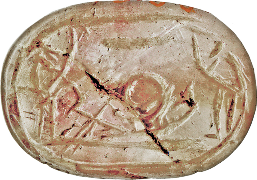 Oval Carved Seal Stone with a Central Figure and Geometric, Abstract Engravings; Appears Ancient or Antique.