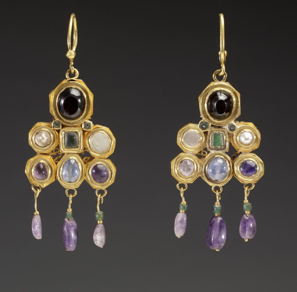 Gold Chandelier Earrings with Clusters of Colored Cabochon Gems and Dangling Purple Beads