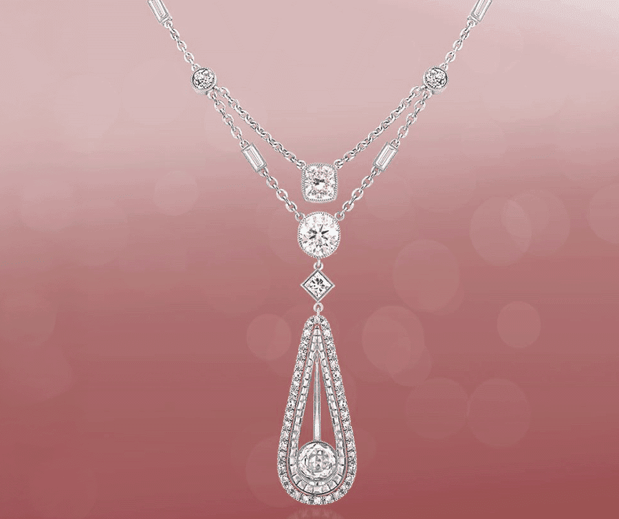 Vintage-inspired rose-cut diamond necklace with teardrop pendant in white gold
