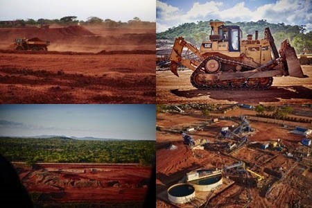 Precious-ruby-gemstone-mine - Mark Solomon Jewellers Four-panel Collage Displaying Open-cast Mining Pits, Heavy Machinery, and Processing Facilities at the Montepuez Ruby Mine in Mozambique.