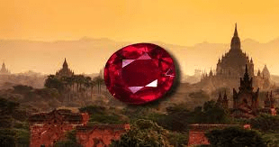 Precious-ruby-gemstones-mark-solomon-jewellers - Mark Solomon Jewellers Oval Cut Precious Red Ruby Gemstone Overlaid on a Golden Sunset Landscape of Ancient Burmese Temples.