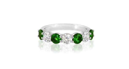 Rare Tsavorite and Diamond Eternity Ring | Rare Tsavorite ( 4 Tsavorites totalling 1.10ct) and Diamond (3 diamonds totalling 0.83ct) Eternity Ring Set in 18ct White Gold (from the top view)