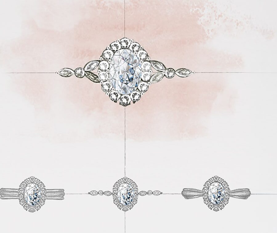 Four diamond ring designs illustrated in a delicate, sketch-style layout with a blush watercolor backdrop, evoking elegance and customization.