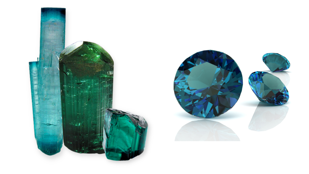 The rich blues and greens of teal tourmaline: Raw Uncut Teal Tourmaline (Right) Robert M. Lavinsky
Creative Commons Attribution-Share Alike 3.0; Cut and Polished Teal Tourmaline (left)