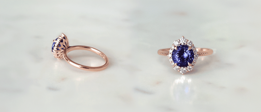 Post 2 Creating Unique and Meaningful Custom Jewellery - Mark Solomon Jewellers Bespoke Round Tanzanite Ring Set in 18ct Rose Gold with a Scalloped Diamond Halo, Shown in Top and Side Profile Views at Mark Solomon Jewellers.