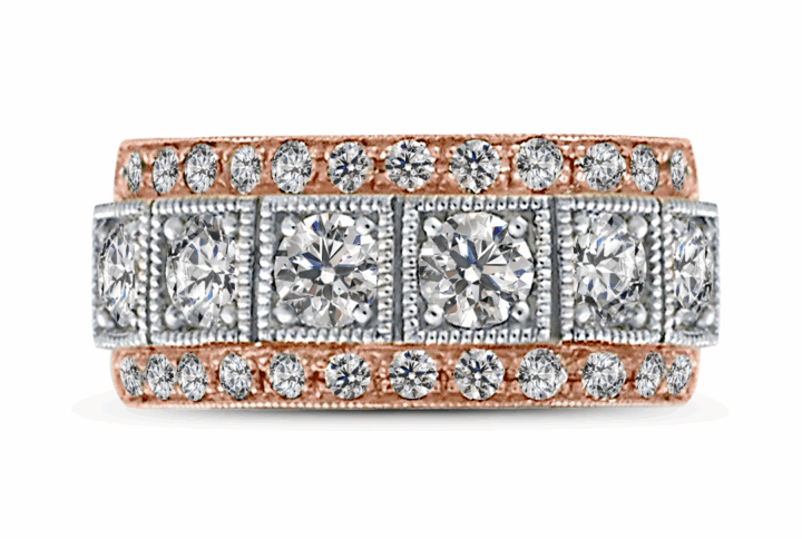 Wide Ring with Three Rows: a Central Row of Bezel-set Diamonds in White Gold, and Top and Bottom Rows of Pavé-set Diamonds in Rose Gold, All with Milgrain Detail.