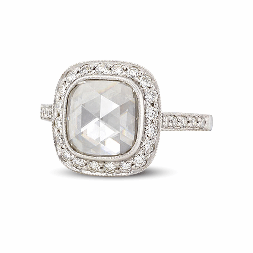 White Gold Rose-cut Cushion Diamond Engagement Ring with a Halo and Pavé Band.