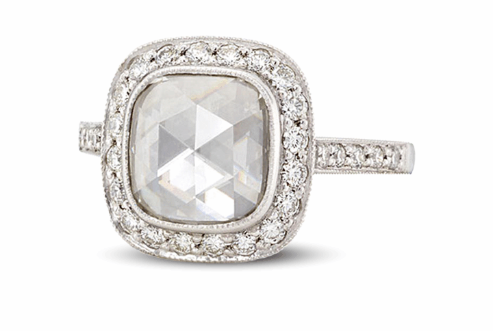 White Gold Rose-cut Cushion Diamond Engagement Ring with a Halo and Pavé Band.