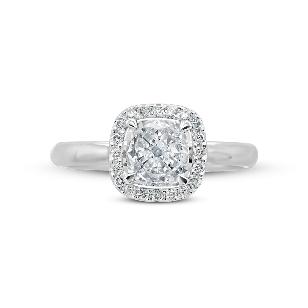 Platinum or White Gold Cushion-cut Diamond Halo Ring with a Wide, Plain Band.