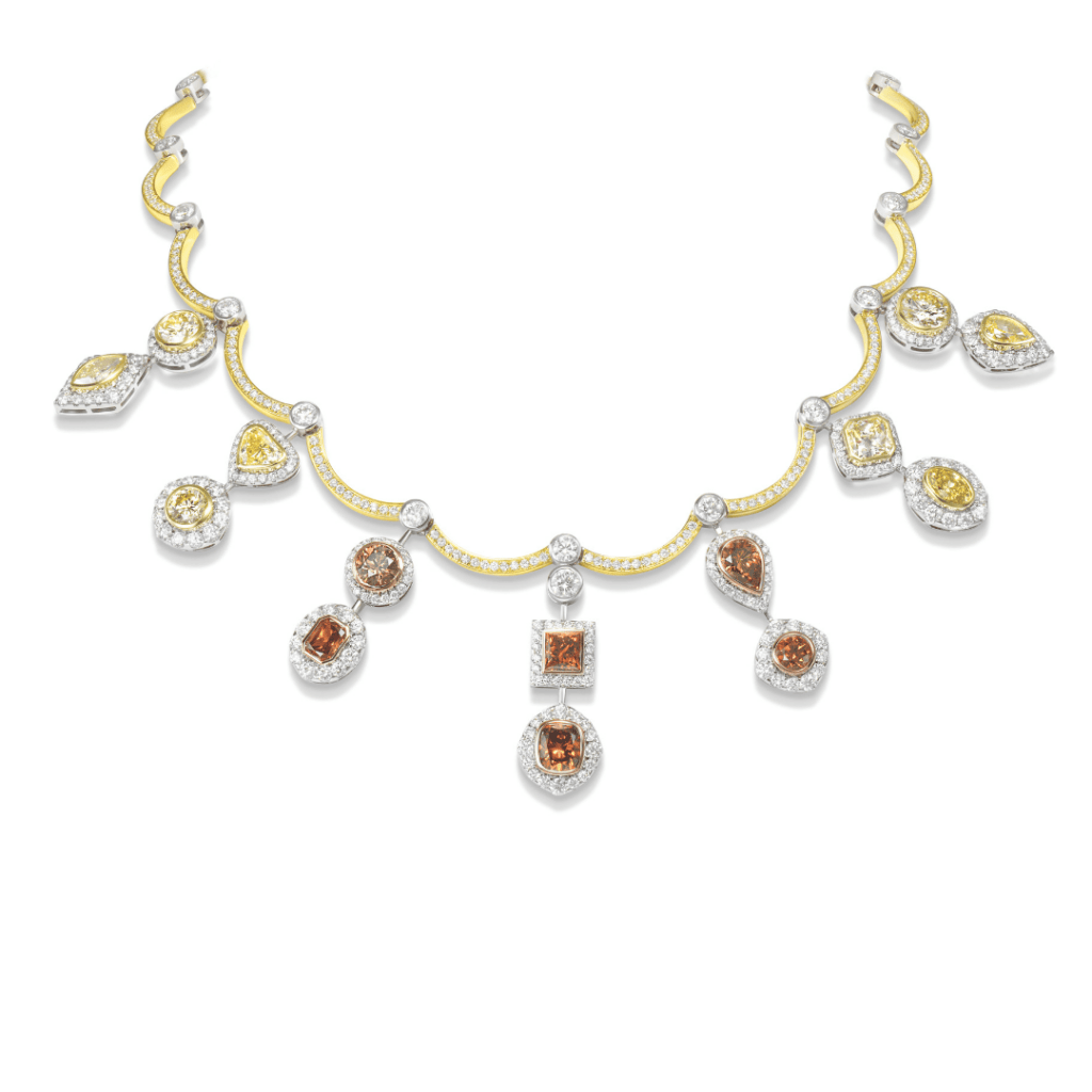 Mark Solomon African Sunset Neckpiece Featuring a Two-tone Diamond Collar and Suspended Halo Drops Set with Fancy Yellow, Cognac, and Deep Amber Diamonds.