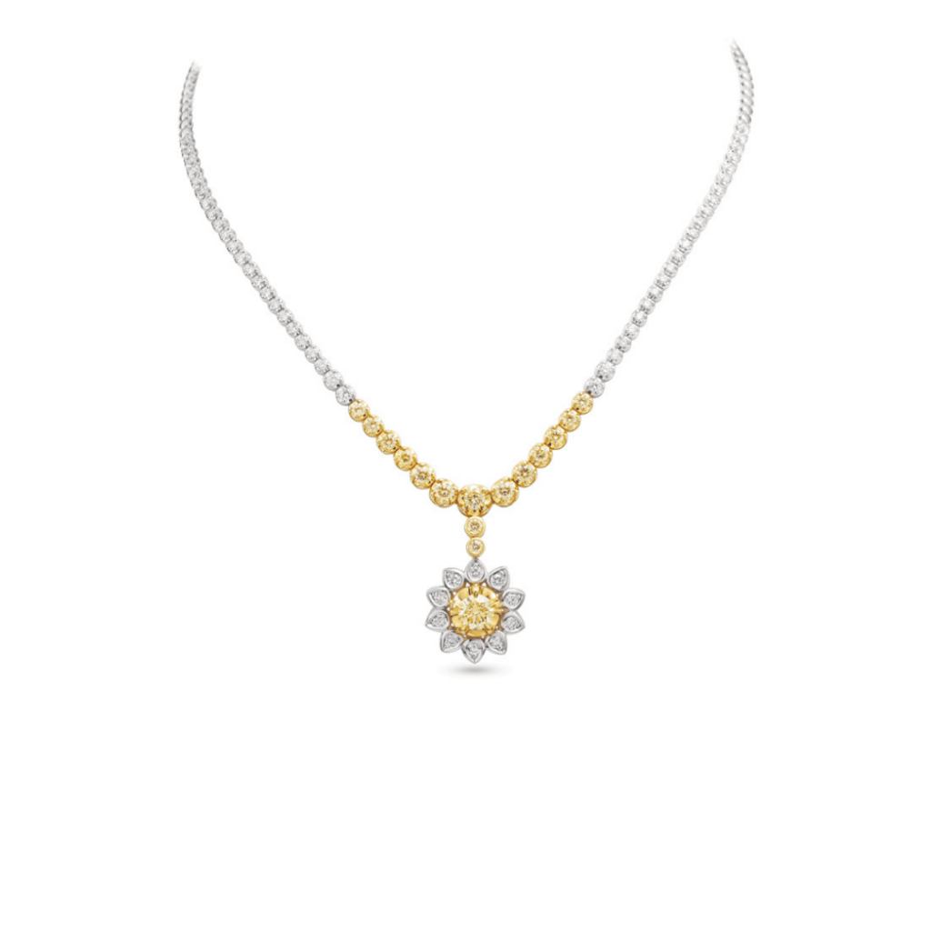Mark Solomon African Sunshine Ii Neckpiece Featuring a Two-tone 18ct Gold Graduated Diamond Collar and a Central Sunburst Pendant Set with a Fancy Yellow Diamond.