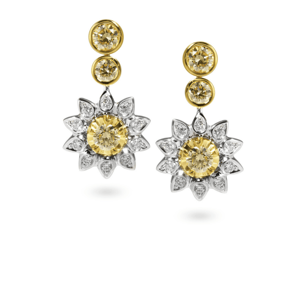 Fancy Yellow & White Diamond Drop Earrings - Floral Halo Design