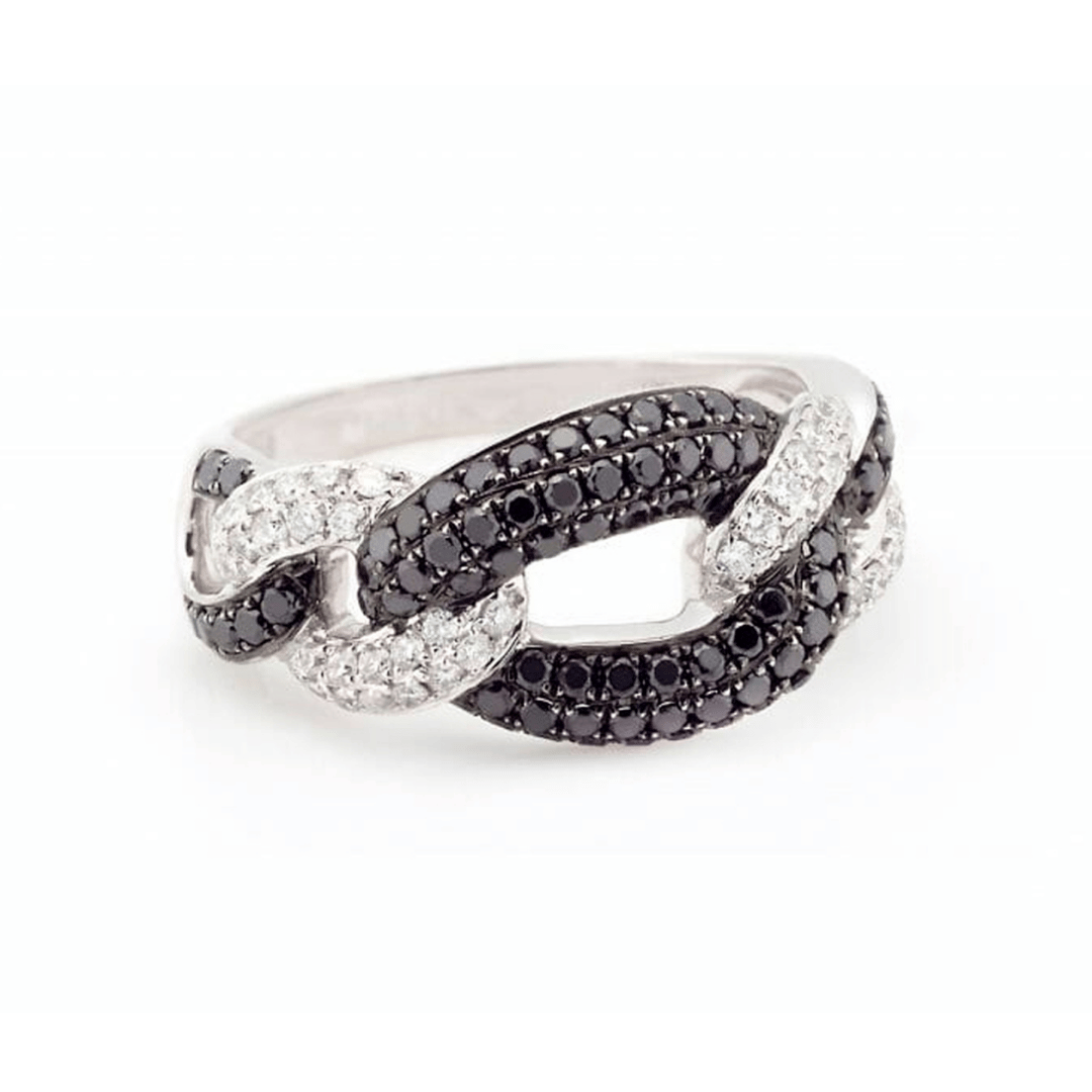 White Gold or Platinum Intertwined Chain-link Ring with Pavé-set Black and White Diamonds.