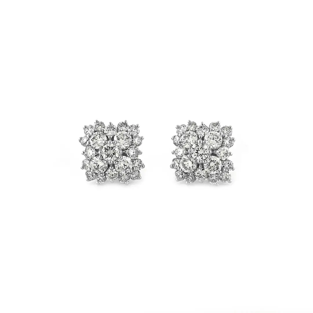 Rectangular Multi-stone Diamond Cluster Stud Earrings White Gold - Statement Jewelry