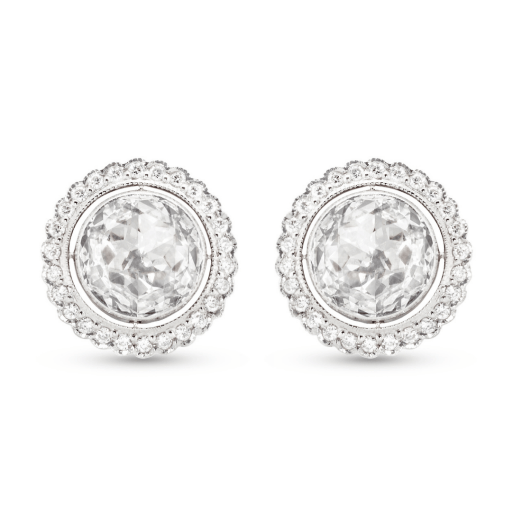 Old Mine Cut Diamond Stud Earrings with Diamond Halo in White Gold
