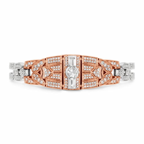 Two-tone rose gold and white gold Art Deco diamond bracelet with baguette, round, and pave diamonds, milgrain details