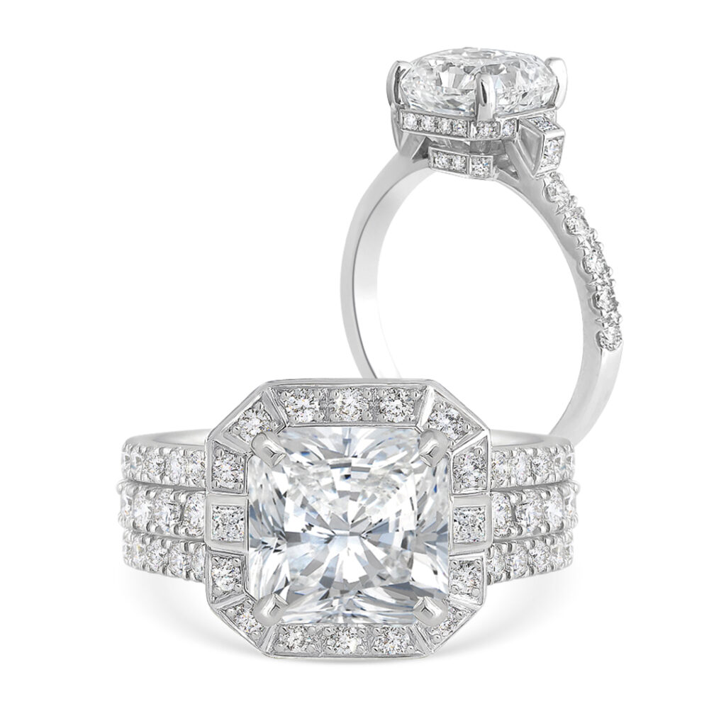 Front and Side View of a Platinum Radiant-cut Diamond Halo Engagement Ring with Pavé Bands.