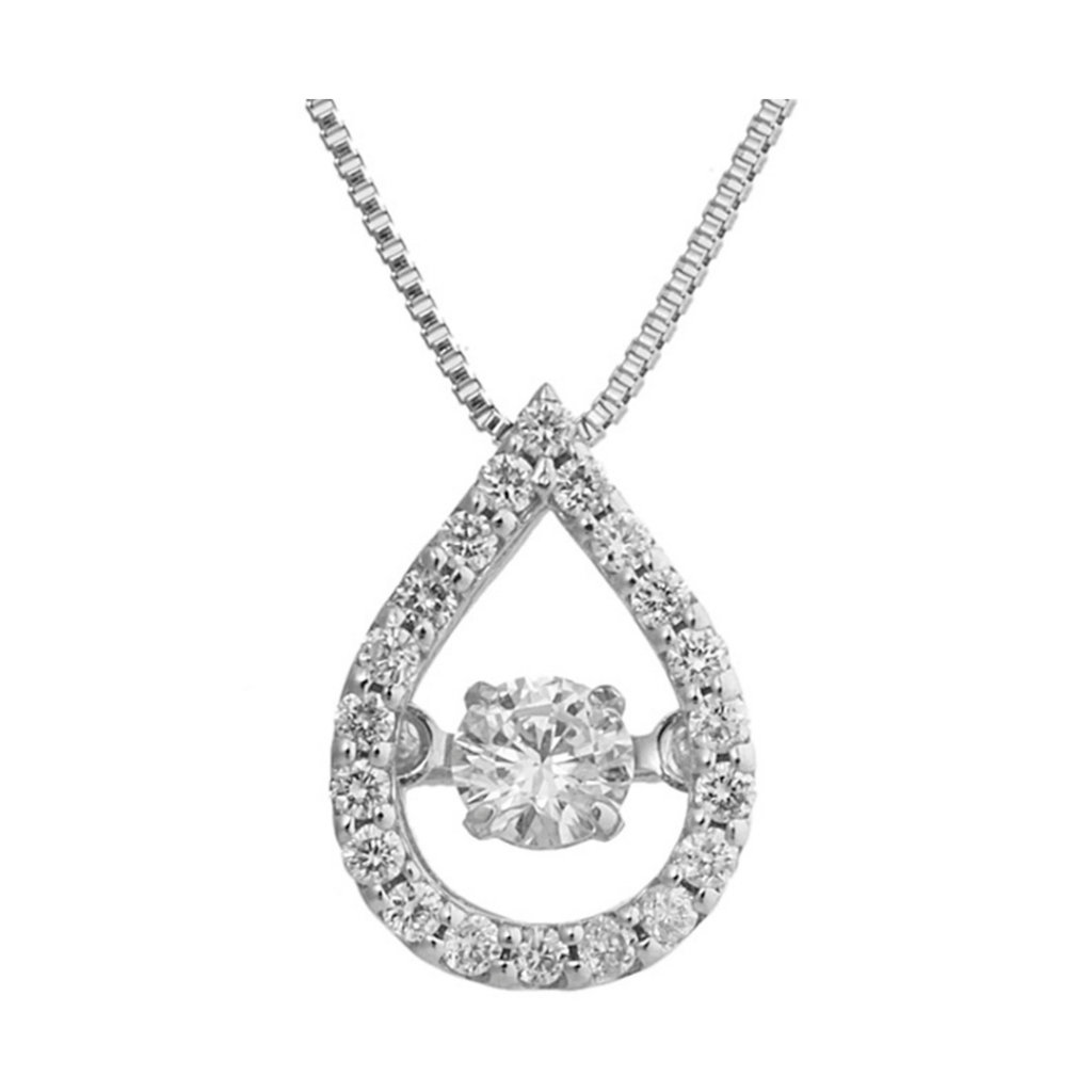 White Gold Dancing Diamond Teardrop Pendant Necklace - Pave Setting