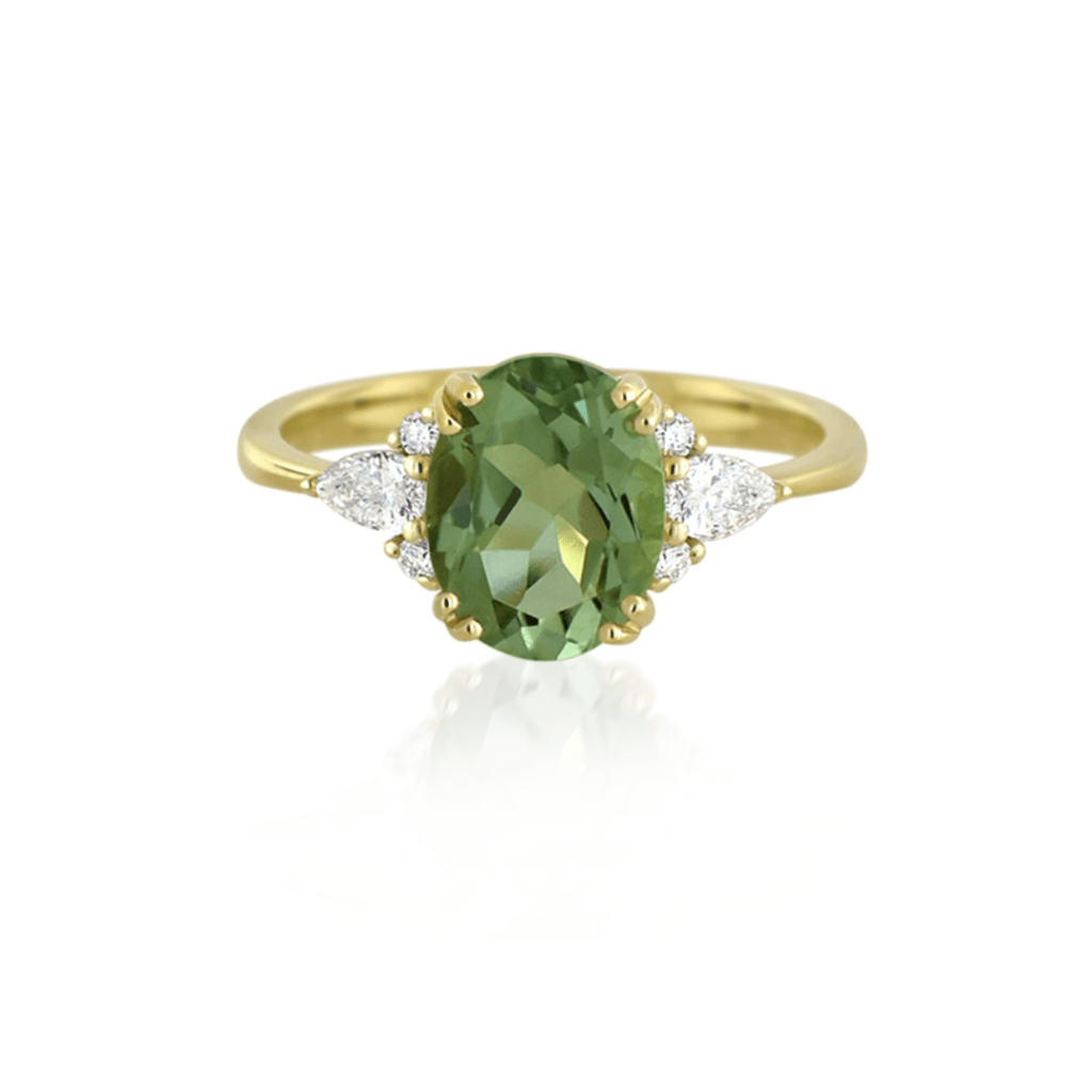 Yellow Gold Green Praisiolite and Diamond Cluster Ring - Mark Solomon Jewellers a Beautiful Yellow Gold Ring Featuring a Large Oval-cut Green Praisiolite Gemstone at Its Center, Surrounded by a Delicate Cluster of Pear-shaped and Round Brilliant-cut Diamonds.