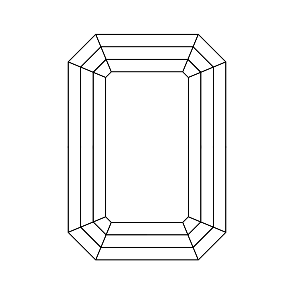 Line Vector Diagram Showing the Top Crown View Step Cut Facet Structure of an Emerald Cut Diamond Shape.