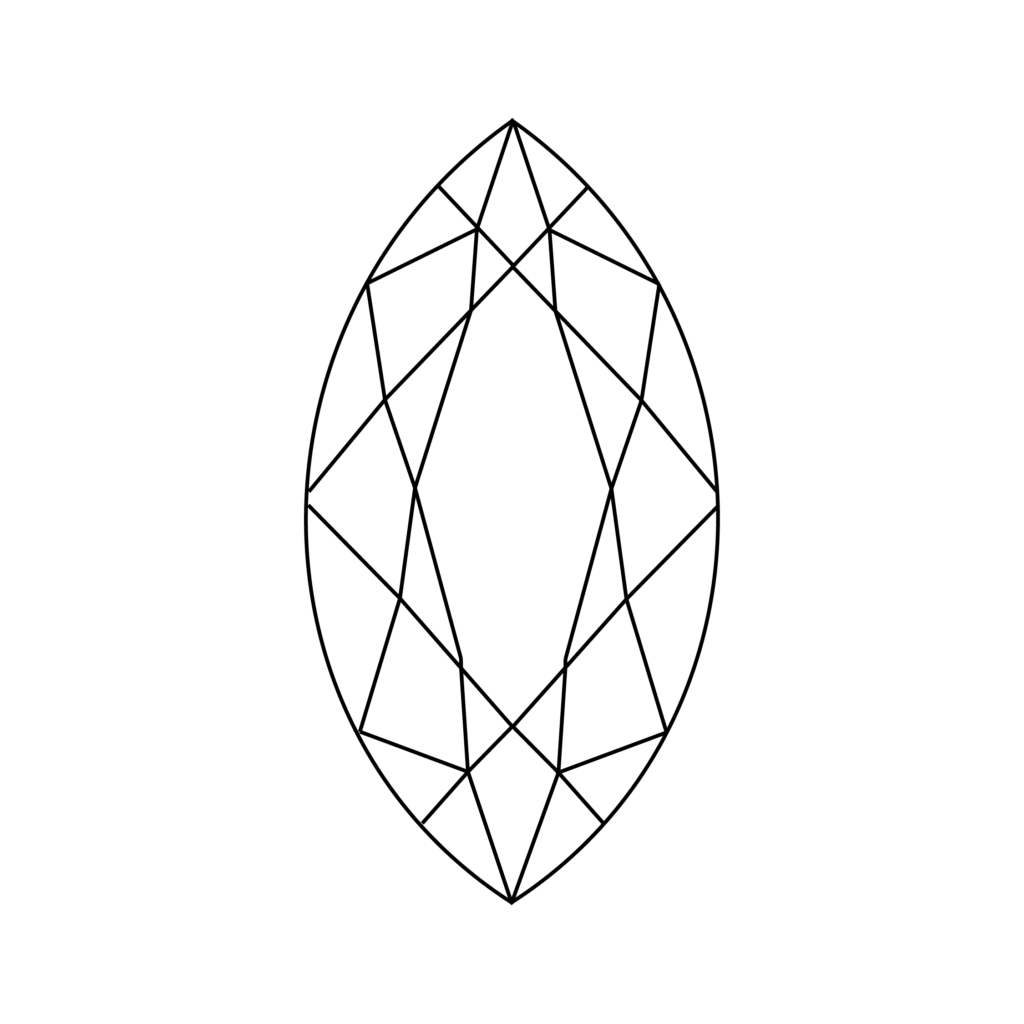Line Vector Diagram Showing the Top Crown View Facet Structure of a Marquise Cut Diamond Shape.