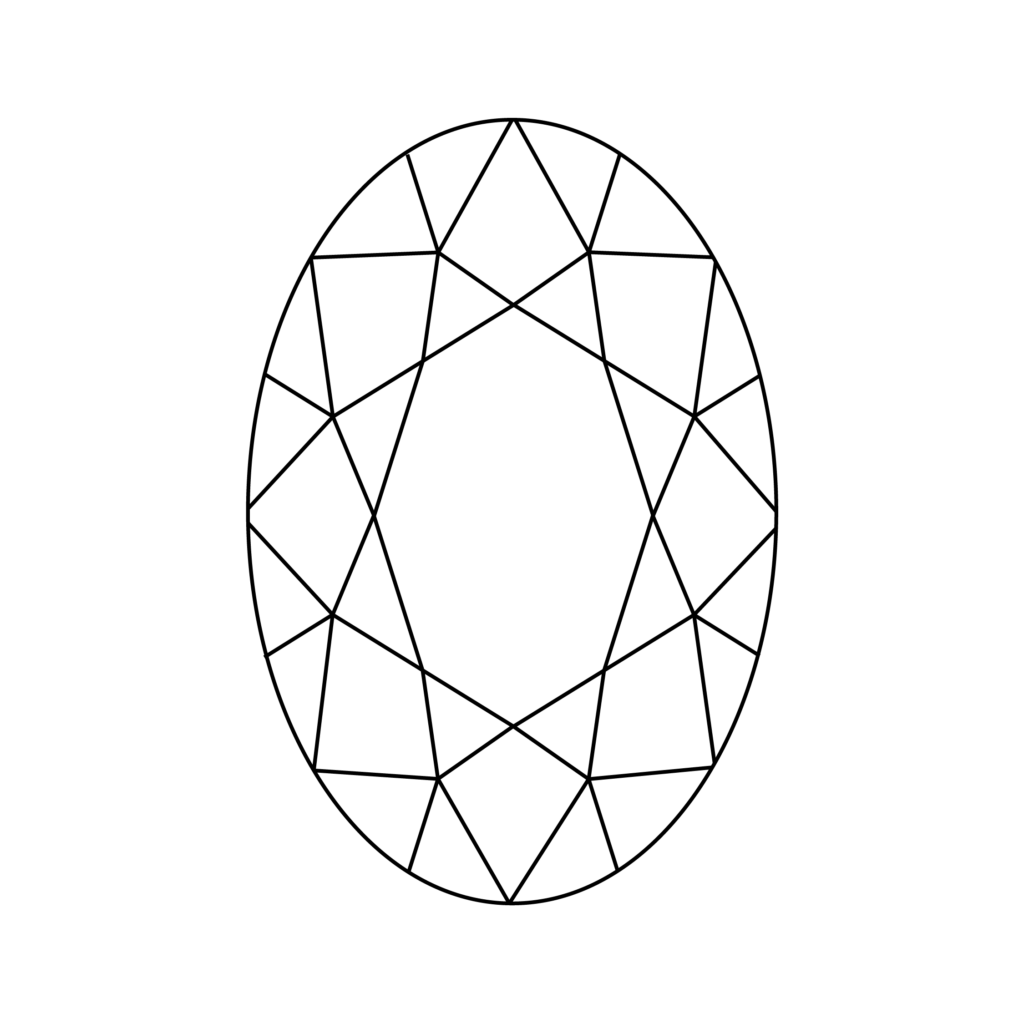 Line Vector Diagram Showing the Top Crown View Facet Structure of an Oval Cut Diamond Shape.