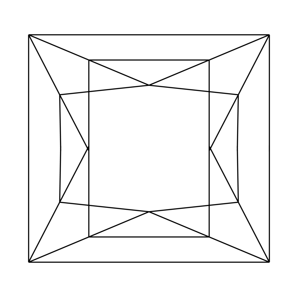 Line Vector Diagram Showing the Top Crown View Facet Structure of a Princess Cut Diamond Shape.