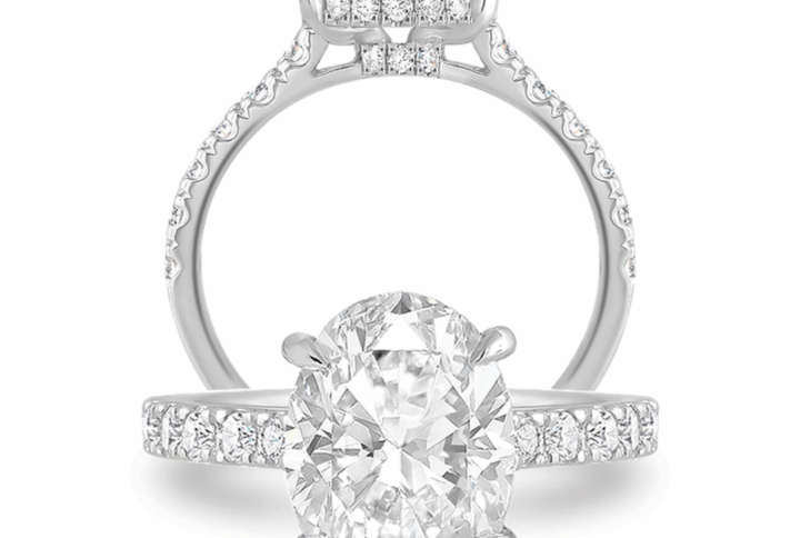 Side and Front View of an Oval-cut Diamond Engagement Ring with a Pavé Band.