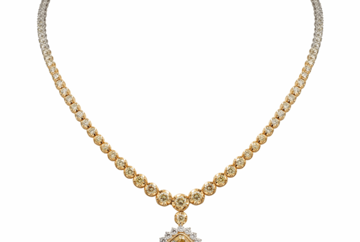 Two-tone White and Yellow Gold Diamond Necklace with a Central Pear-shaped Yellow Diamond Pendant