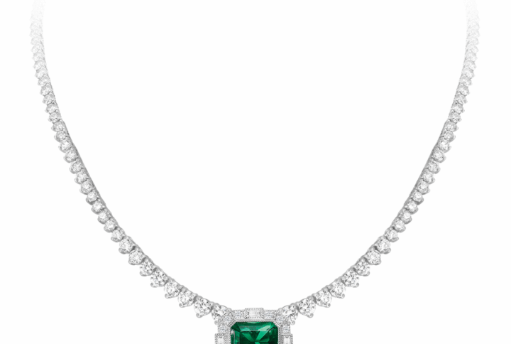 Emerald-cut Fluorite and Diamond Tennis Necklace White Gold Radiant Cut Halo