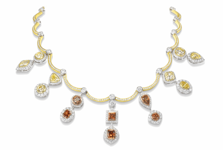 Multi-color Diamond Necklace in White and Yellow Gold with Fancy Colored Diamonds in Various Shapes