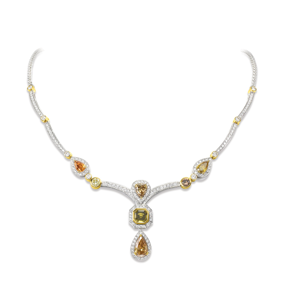 Multi-color Diamond Necklace in White and Yellow Gold with Fancy Colored Diamonds Including Yellow and Orange in Various Shapes