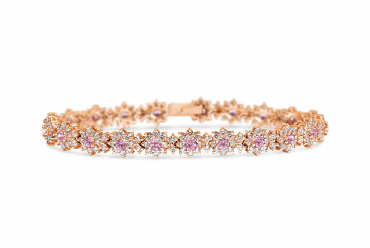 a Rose Gold Bracelet with Pink Sapphire and Diamond Flower Clusters.