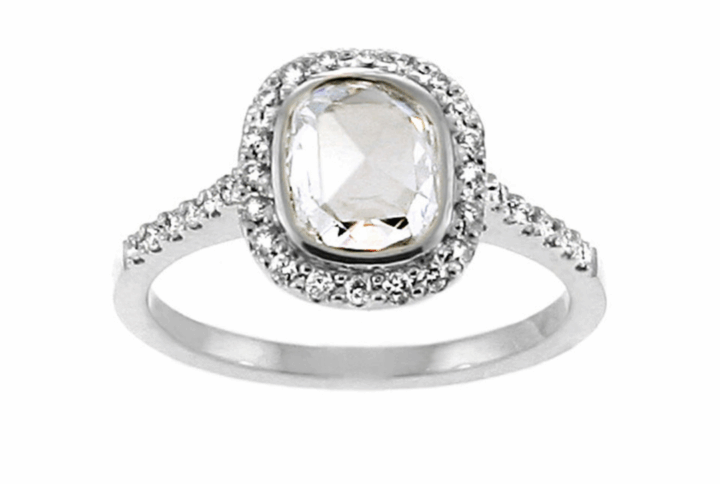 White Gold Oval Rose-cut Diamond Engagement Ring with a Halo and Pavé Shoulders.