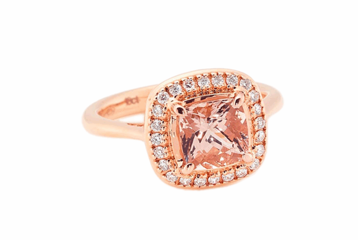 Rose Gold Ring with a Cushion-cut Morganite Center Stone Surrounded by a Diamond Halo