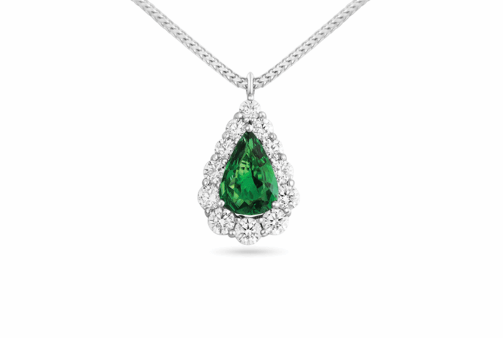 Tsavorite Diamond Halo Pendant Necklace White Gold Pear Cut