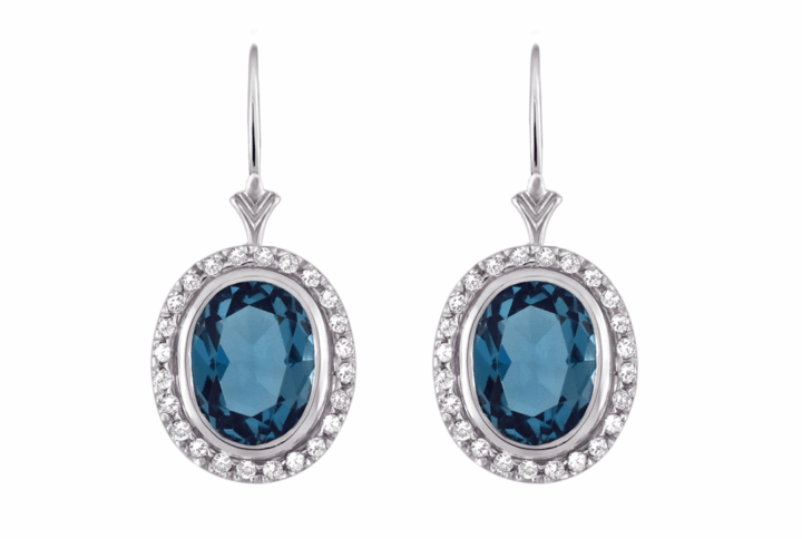 Oval Blue Topaz Diamond Halo Drop Earrings White Gold - London Blue Gemstone