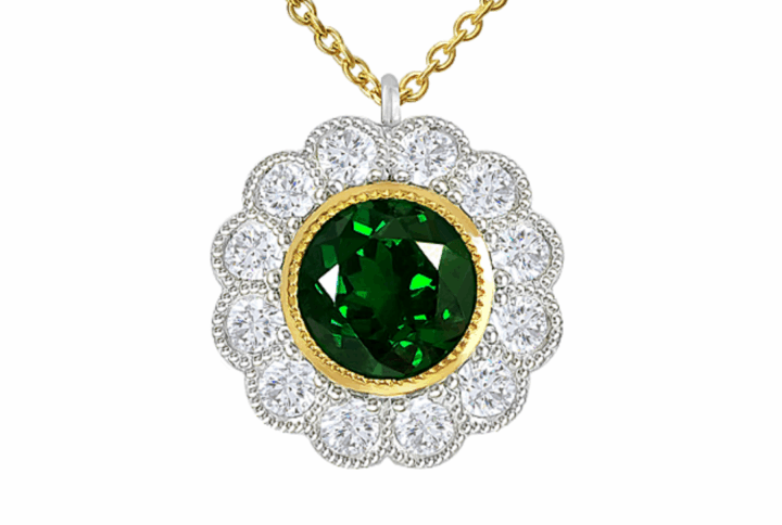 Emerald Diamond Halo Pendant Necklace Yellow White Gold Floral Design